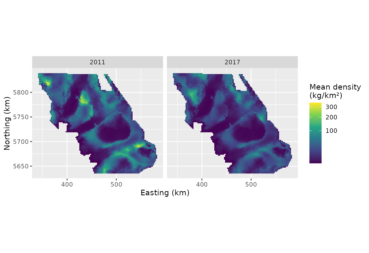 Estimated expected Pacific cod density on the survey-area grid in 2011 and 2017, including fitted spatial and year-specific fields.
